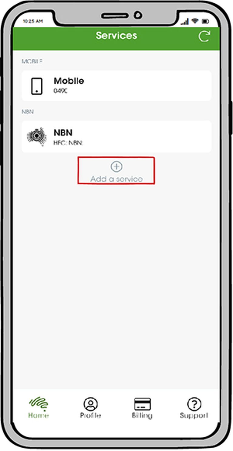 A screenshot of the My Aussie app in the "Services" section, with the "Add a service" button highlighted with a red square