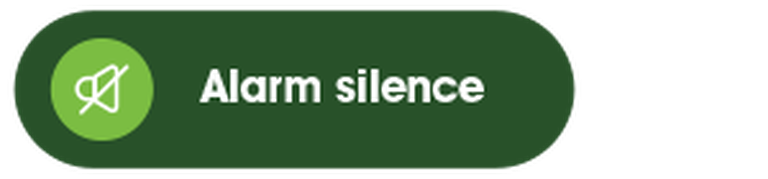 A screenshot of a green button with a muted speaker icon and the text 'Alarm Silence'.  