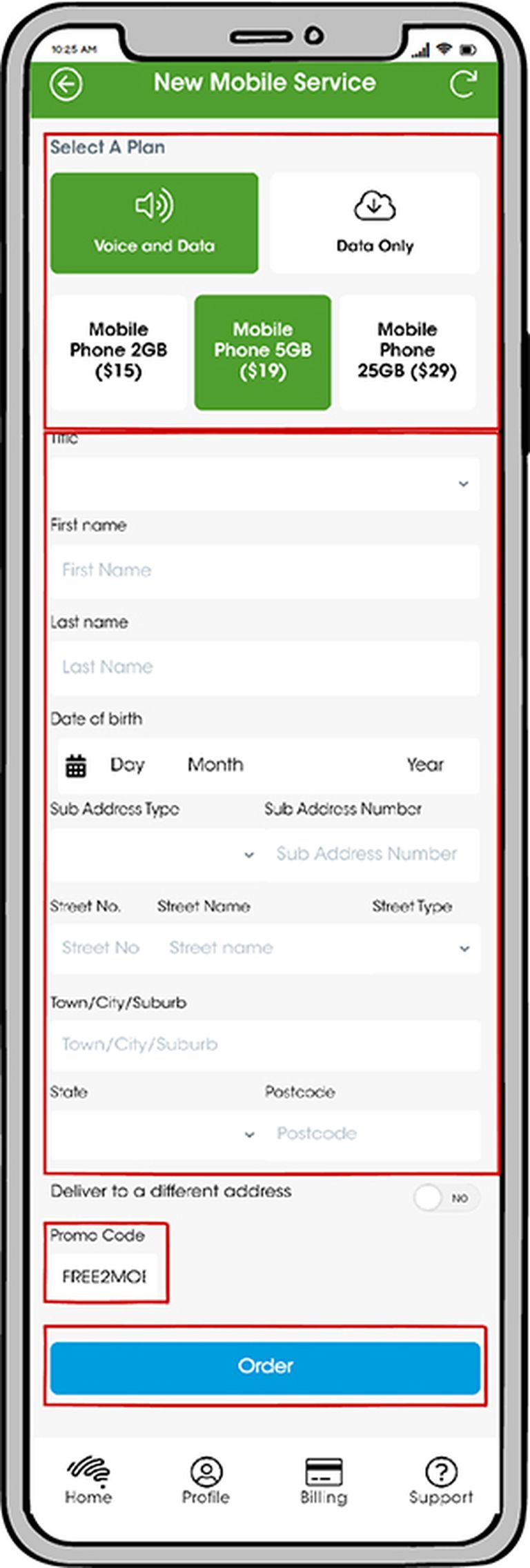 A screenshot of the My Aussie app in the "New Mobile Service" page, with the "Select A Plan", "Details", "Promo code" and "Order" panels/buttons selected