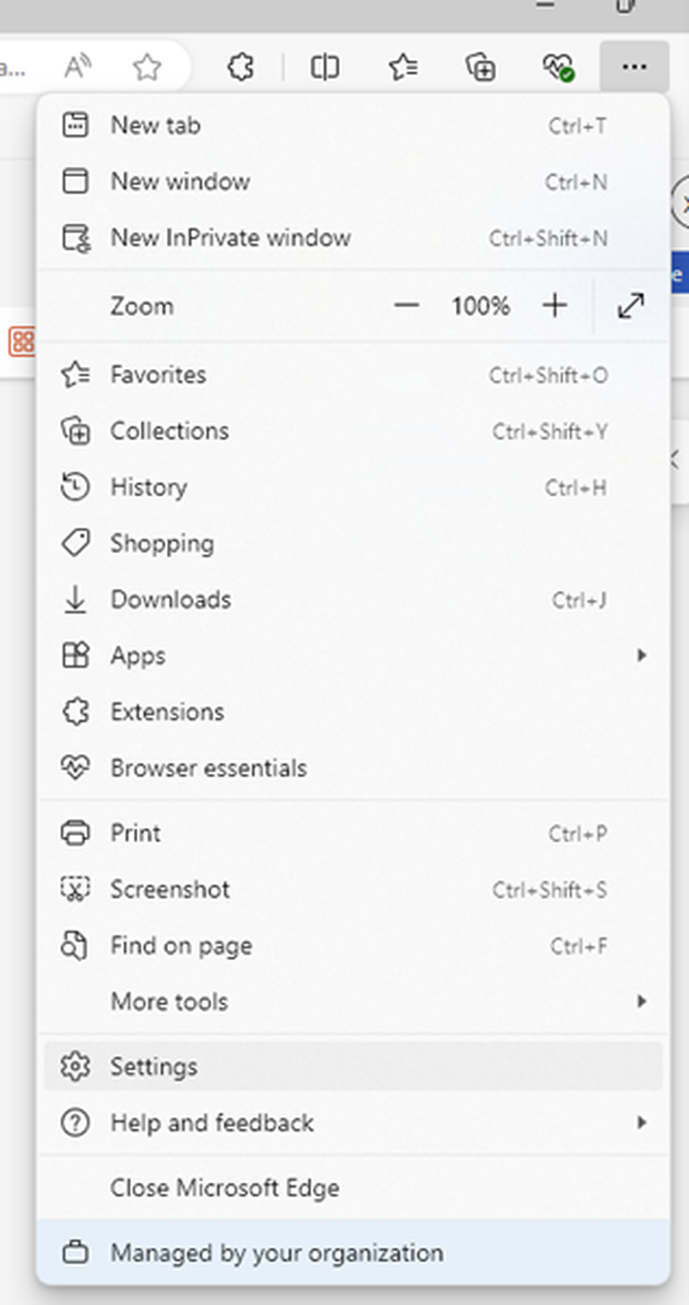 A picture of the Edge browser menu