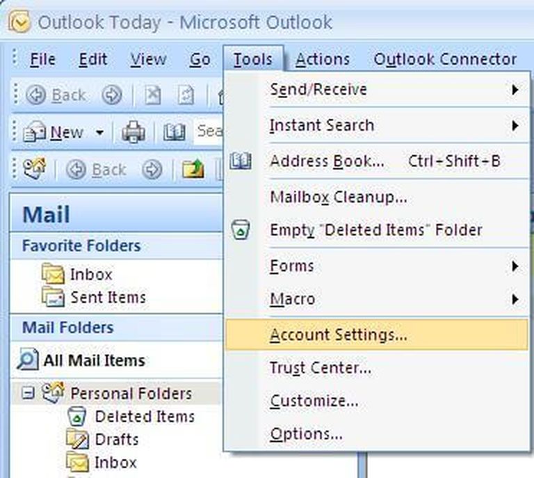 Screenshot of Microsoft Outlook (2007 version) displaying the 'Tools' menu with 'Account Settings...' highlighted.