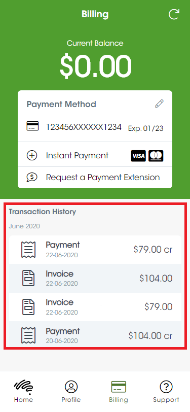 A screenshot of the "My Aussie" mobile app, displaying the "Billing" screen. Up the top on a green background, the balance and payment method panels are shown. Down in the bottom half, just on top of the toolbar, there is a transaction history panel where payments and invoices are shown.