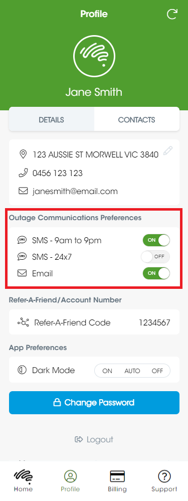 A screenshot of the "Profile" page in the "My Aussie" app, with the panel "Outage Communications Preferences" highlighted with a red rectangle.