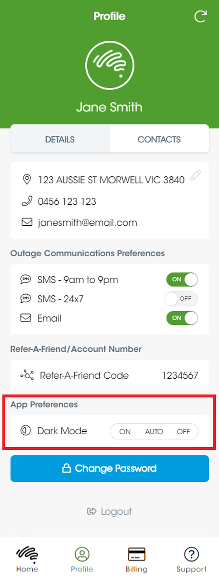 Screenshot of the MyAussie app with the 'Profile' tab opened. There is a red box highlighting three buttons for adjusting the 'Dark Mode' setting. The buttons read 'ON', 'AUTO', and 'OFF'.