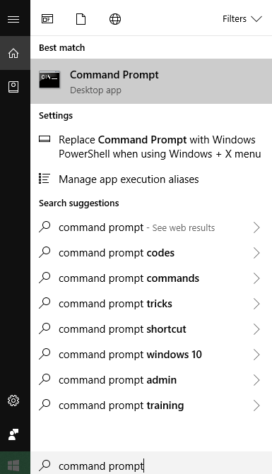 A screenshot of the Windows start menu, with command prompt highlighted and typed into the search bar. 