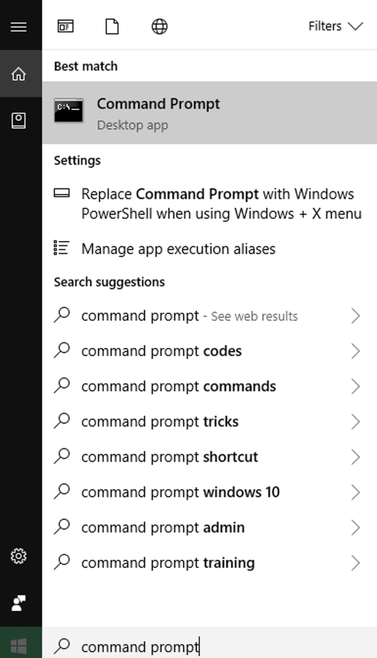 A screenshot of the Windows start menu, with command prompt highlighted and typed into the search bar. 