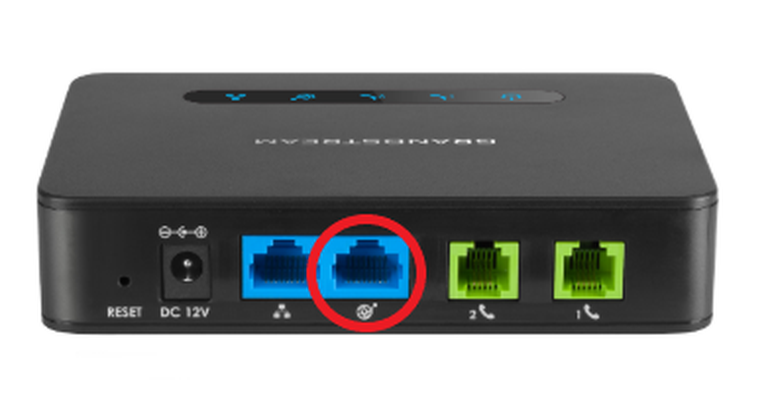 A photo of the Grandstream HT812's rear ports, with the "WAN" port circled in red.