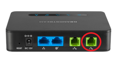 A photo of the Grandstream HT812's rear ports, with the "Phone" port on the far right circled in red.