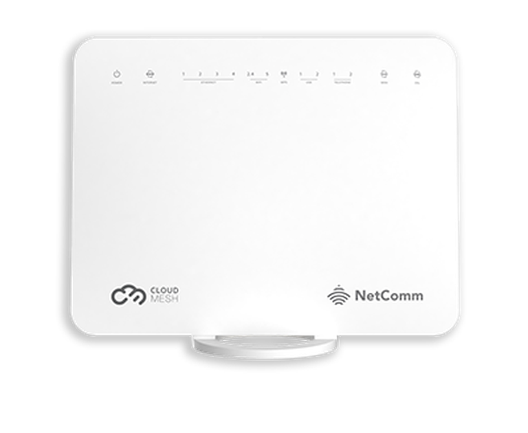 A photo on a transparent background of the NetComm NF18 CloudMesh Gateway Modem Router