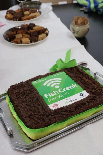 A cake telling people that there is free wifi in Fish Creek from Aussie Broadband