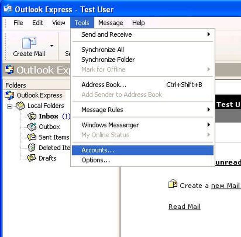 Screenshot of Outlook Express (1996 version) displaying the 'Tools' menu drop-down with 'Accounts...' highlighted.