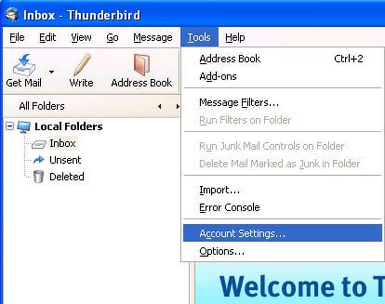 Screenshot of the Thunderbird email program on a Windows computer. The 'Tools' menu at the top is highlighted, with a drop-down menu under it. From the drop-down, 'Account Settings...' is selected.