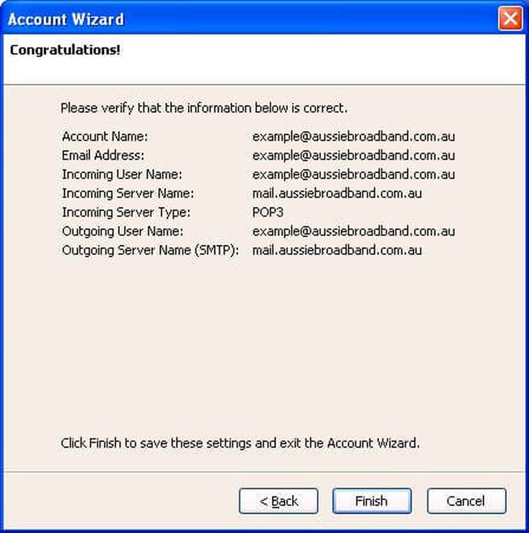 Screenshot of the 'Account Wizard' window in Thunderbird. It is the final part of the wizard and says 'Please verify that the information below is correct.' Below this message is the information entered by the user for 'Account Name', 'Email Address', 'Incoming User Name', 'Incoming Server Name', 'Incoming Server Type', 'Outgoing User Name', and 'Outgoing Server Name (SMTP)'. The 'Finish' button at the bottom is highlighted.
