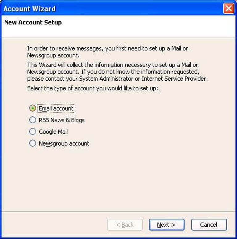 Screenshot of the 'Account Wizard' window in Thunderbird. There is an option that says 'Email account' that is selected. The 'Next' button at the bottom is highlighted.
