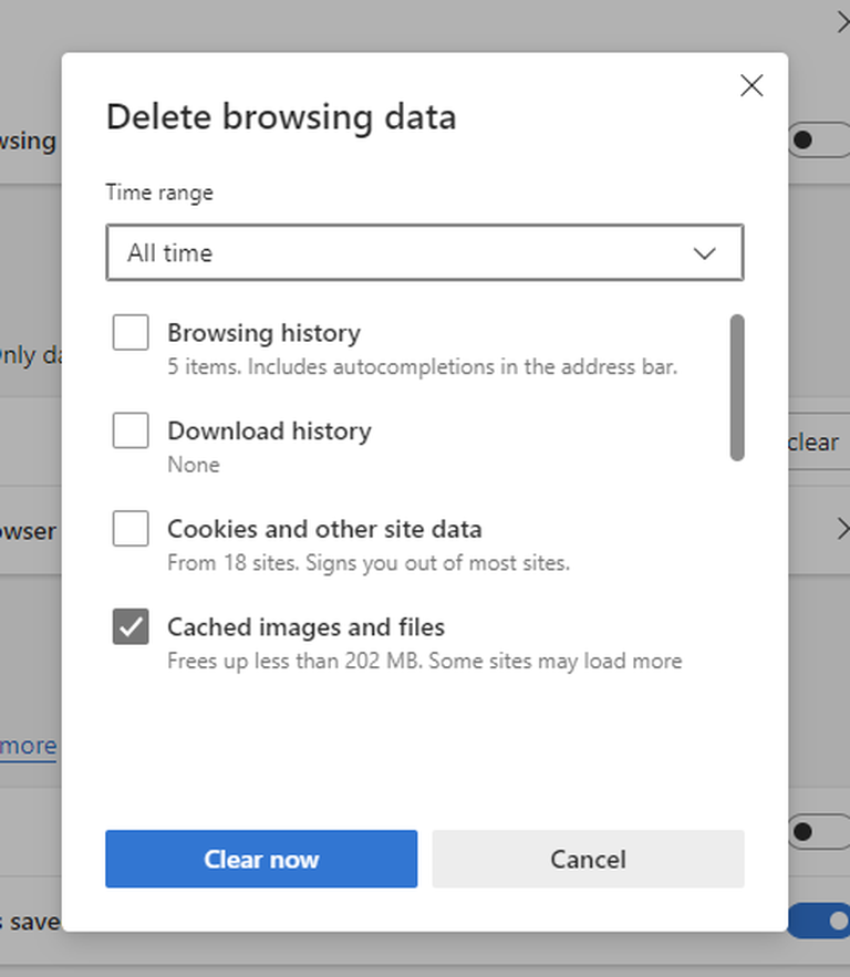 A picture of the Edge browser menu to delete browsing data
