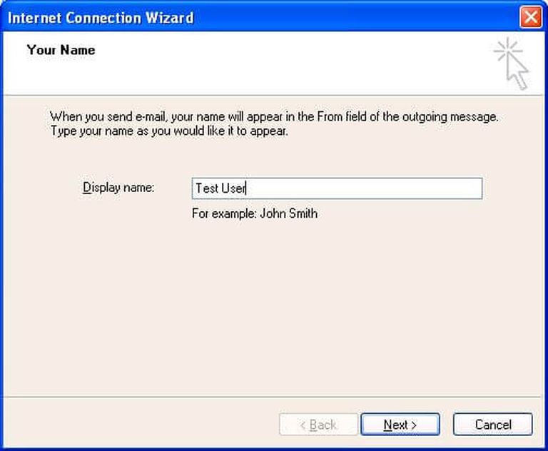 Screenshot of Outlook Express (1996 version) displaying the 'Internet Connection Wizard' window with a field to type in your 'Display name'.