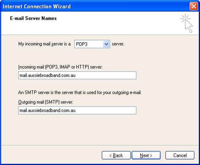 Screenshot of Outlook Express (1996 version) displaying the 'Internet Connection Wizard' window with a drop-down for choosing the connection type ('My incoming mail server is a...') and fields to type the 'Incoming mail server' and 'Outgoing mail server'.