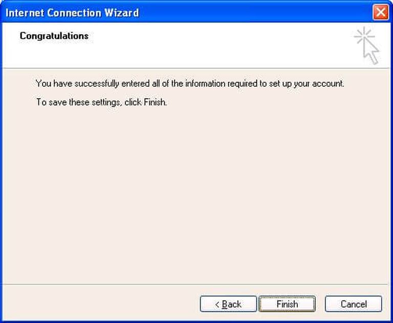 Screenshot of Outlook Express (1996 version) displaying the 'Internet Connection Wizard' window with a message stating 'You have successfully entered all of the information required to set up your account. To save these settings, click Finish.'