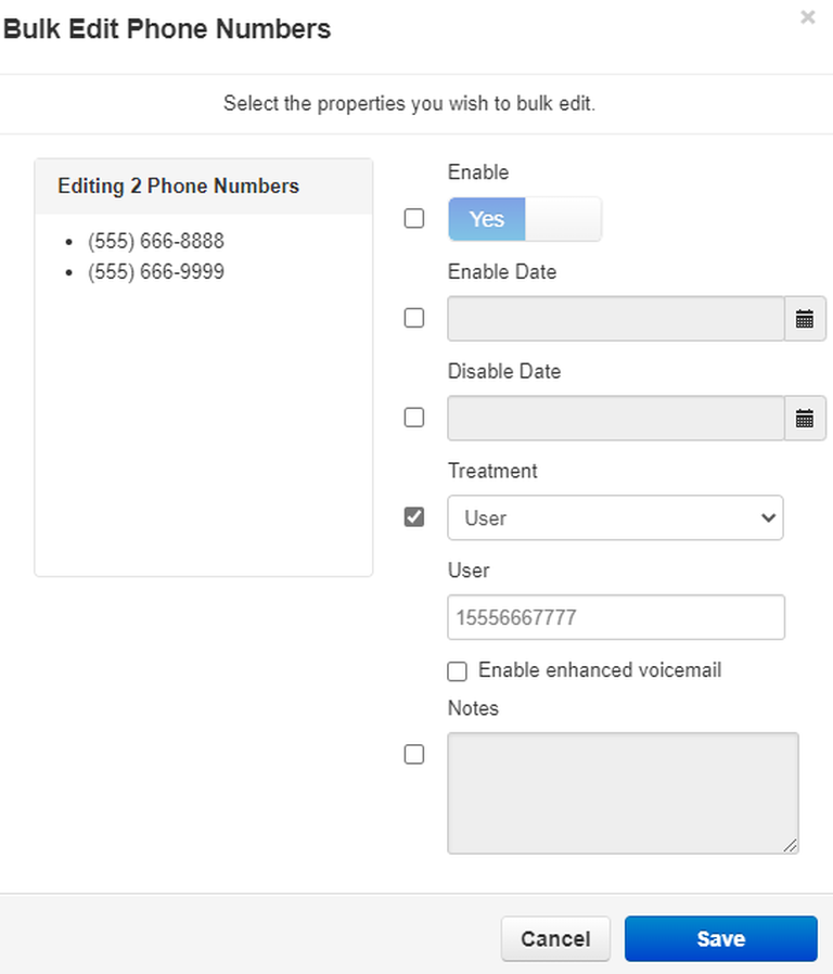 PBX bulk frames edit menu