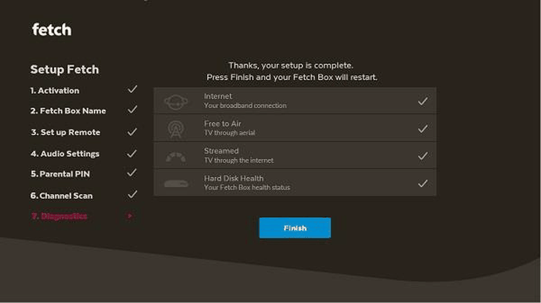 A screenshot of the Fetch setup screen showing the diagnostics 