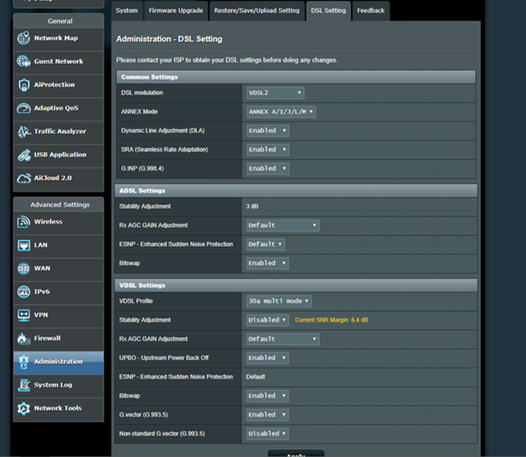 Settings for setting up the Asus modem