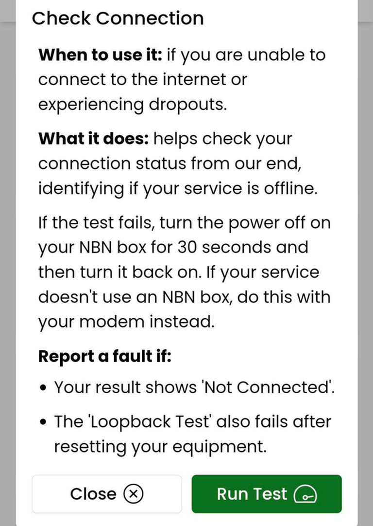 Image of the Check Connection test in the MyAussie app