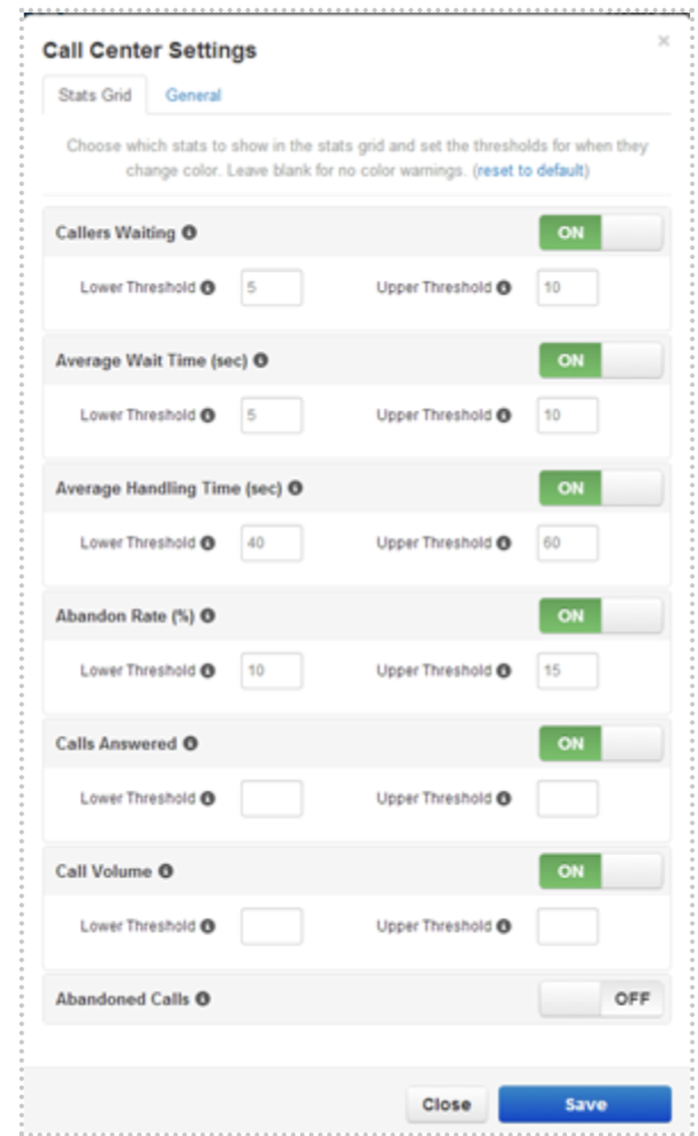 Screenshot showing how to configure the Lower and Upper Thresholds for the statistics you want to show on the stats grid