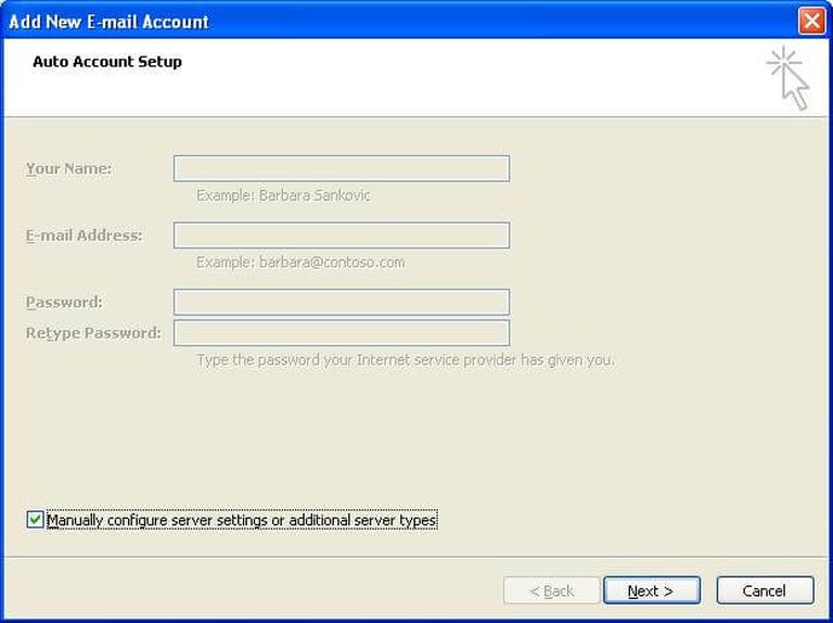 Screenshot of Microsoft Outlook (2007 version) displaying the 'Add New E-mail Account' window with Manually configure server settings or additional server types' ticked.