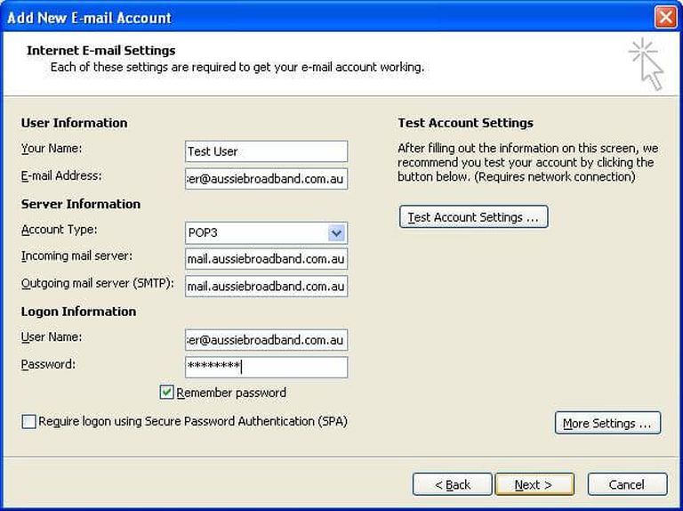 Screenshot of Microsoft Outlook (2007 version) displaying the 'Add New E-mail Account' window with a form to enter account settings. Fields include 'Your Name', 'E-mail Address', 'Account Type', 'Incoming mail server', 'Outgoing mail server (SMTP)',  'User Name', 'Password'.