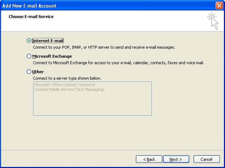 Screenshot of Microsoft Outlook (2007 version) displaying the 'Add New E-mail Account' window with 'Internet E-mail' selected.