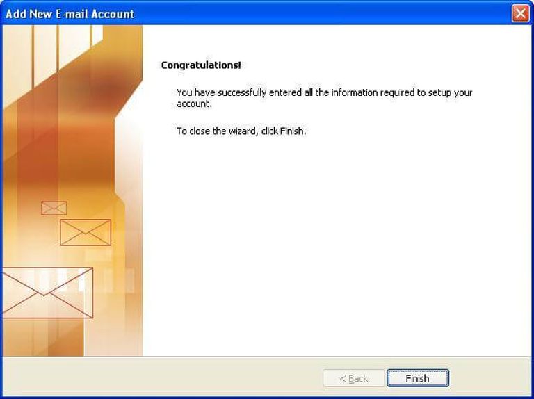 Screenshot of Microsoft Outlook (2007 version) displaying the 'Add New E-mail Account' window that reads "Congratulations! you have successfully entered all the information required to setup your account. To close the wizard, click Finish."