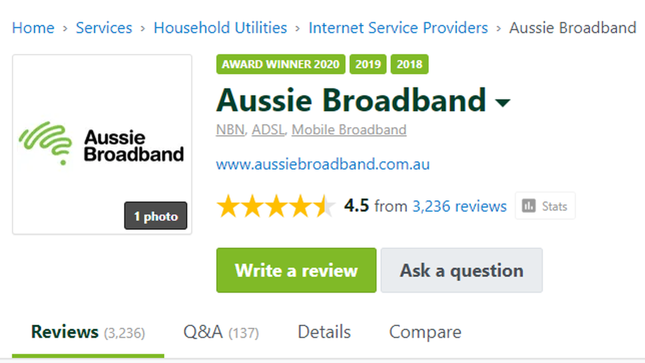 A screenshot of the Aussie Broadband ProductReview page, showing a 4.5 star rating from 3,236 reviews