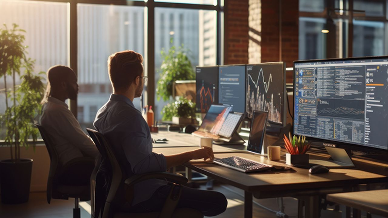 two men sitting next to each other on desks looking at computer screens. They are dressed in business wear, and are in a high-rise office with a view of a CBD.