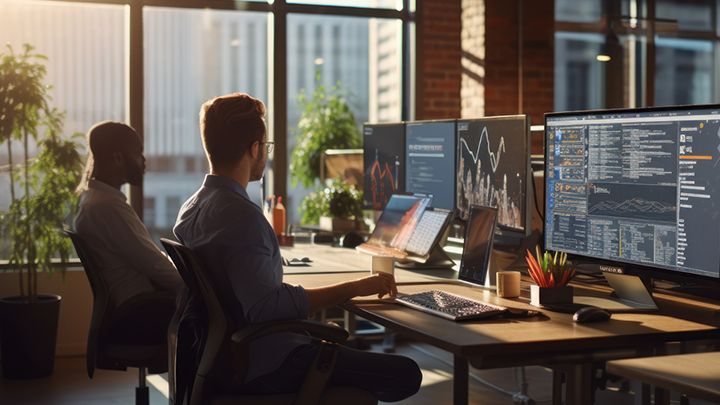 two men sitting next to each other on desks looking at computer screens. They are dressed in business wear, and are in a high-rise office with a view of a CBD.