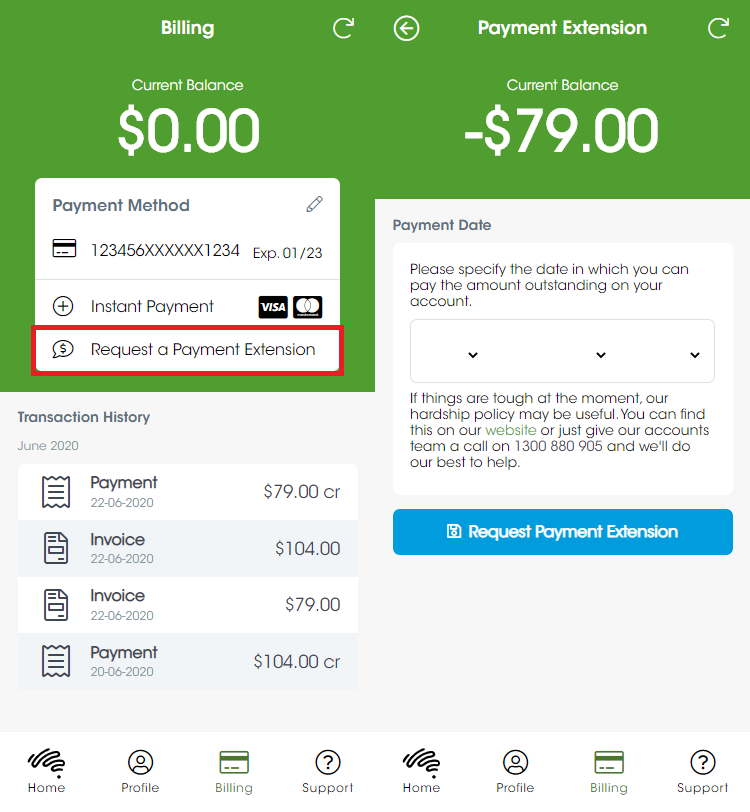Screenshots of the MyAussie app/website showing the 'Billing' page. There is a button with a red box highlighting it that says 'Request a Payment Extension'. On the right, the 'Current Balance' is displayed, with text underneath reading 'Please specift the date in which you can pay the amount outstanding on your account.' There are drop-down selectors for choosing a date. At the bottom, there is a button that says 'Request Payment Extension'.