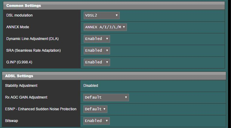 A screenshot of an ASUS modem/router settings, with the sections "Common Settings" and "ADSL Settings" displayed