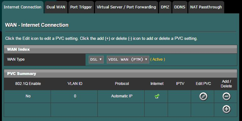 A screenshot of an ASUS modem/router's settings, with the "WAN - Internet Connection" section displayed