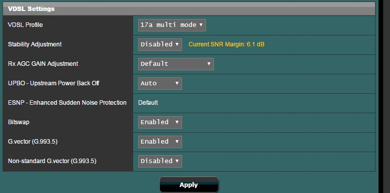 A screenshot of an ASUS modem/router's settings, with the "VDSL settings" section displayed