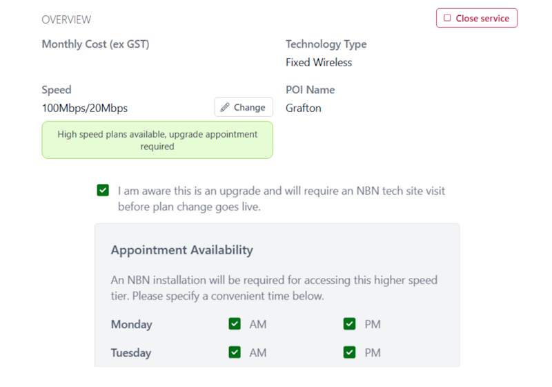 Carbon Fixed Wireless NTD Upgrade Order with appointment preferences