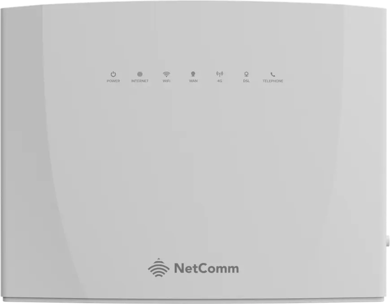 White NetComm router with indicators for power, internet, WiFi, WAN, 4G, DSL, and telephone.