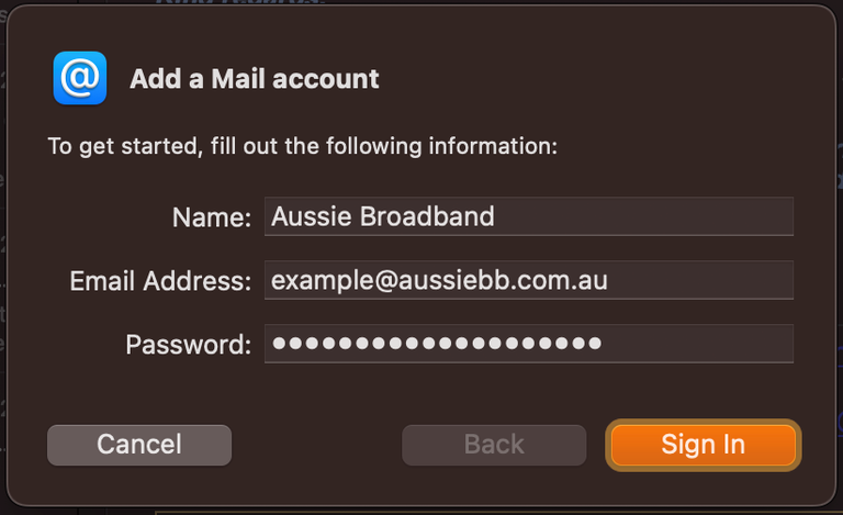 Screenshot from the Mail app on macOS of a prompt that says 'Add a Mail account' with fields to enter your Name, Email Address, and Password. There is a 'Sign In' button in the bottom-right.