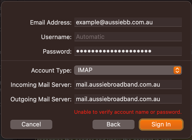 Screenshot from the Mail app on macOS of a form with fields to enter your Email Address, Username, Password, Account Type, Incoming and Outgoing Mail Server. There is a 'Sign In' button in the bottom-right corner.