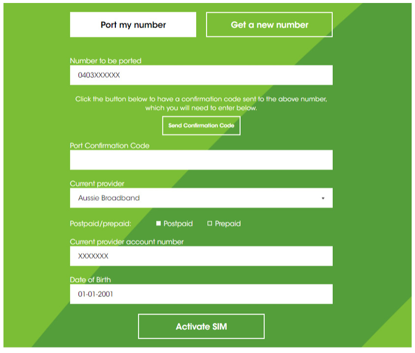 Screenshot of the Aussie Broadband mobile SIM activation stage, on the porting step