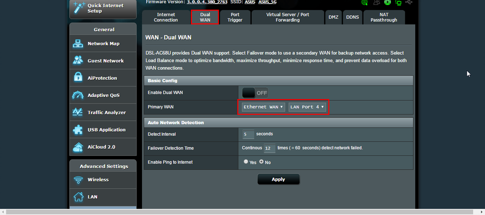 A screenshot of an ASUS modem/router's settings, with the "WAN - Dual WAN" section displayed