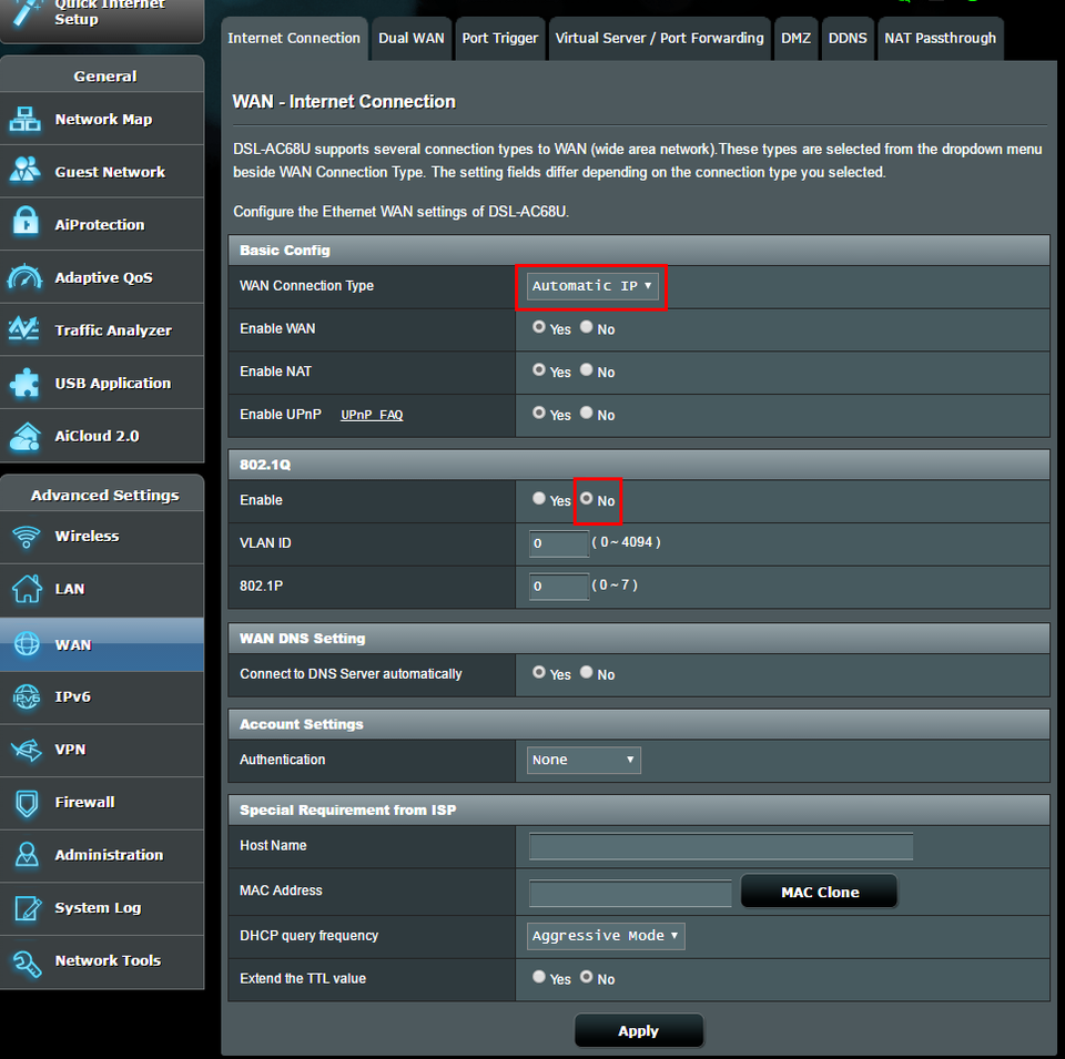 A screenshot of an ASUS modem/router's settings, with the "WAN - Internet Connection" section displayed