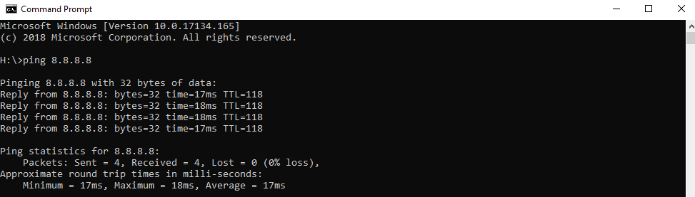 Screenshot of the Command Prompt program on a Windows computer. A command has been entered that says 'ping 8.8.8.8'. The result is successful, showing packet responses from the pinged address including the bytes ('32'), latency ('17ms') and the time to live ('118')
