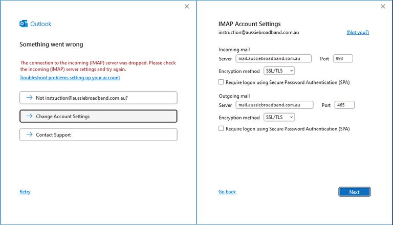 Screenshot of Outlook (Microsoft 365 version) displaying an error during setup that says "Something went wrong" and "The connection to the incoming (IMAP) server was dropped. Please check the incoming (IMAP) server settings and try again." There is a button below this message that is highlighted that says 'Change Account Settings'. On the right side of the screenshot is the 'IMAP Account Settings' window, which has a form to fill out the incoming and outgoing server address, incoming and outgoing port numbers, and encryption methods.