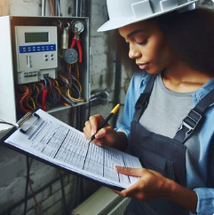 Electrician reviewing permit illustration.