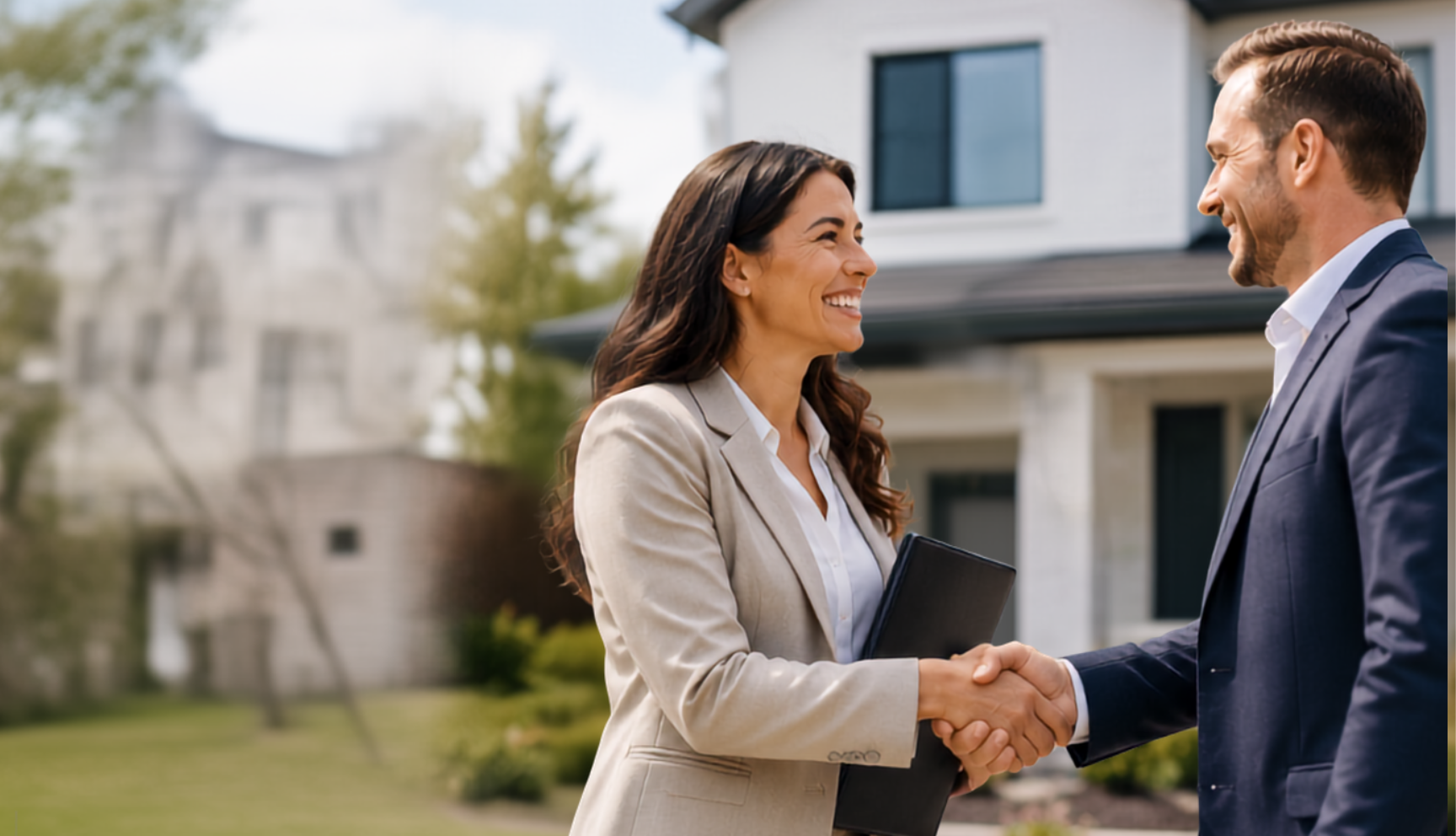 Agent and lender shaking hands in front of a home