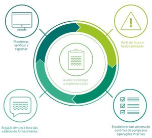 1. Monitorar, verificare e reportar. 2. Perfil de Risco e Rastreabilidade. 3. Estabelecer um sistema de controle de compras e operaçõe internas 4. Engajar dentro e fora das cadeias de fornecimento. 5. Avaliar e planejar a implementaçāo